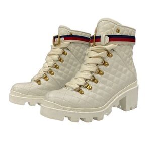 Gucci Sylvie Quilted Calfskin Leather Boots w Web Buckle Women SZ 38.5 / US 8.5